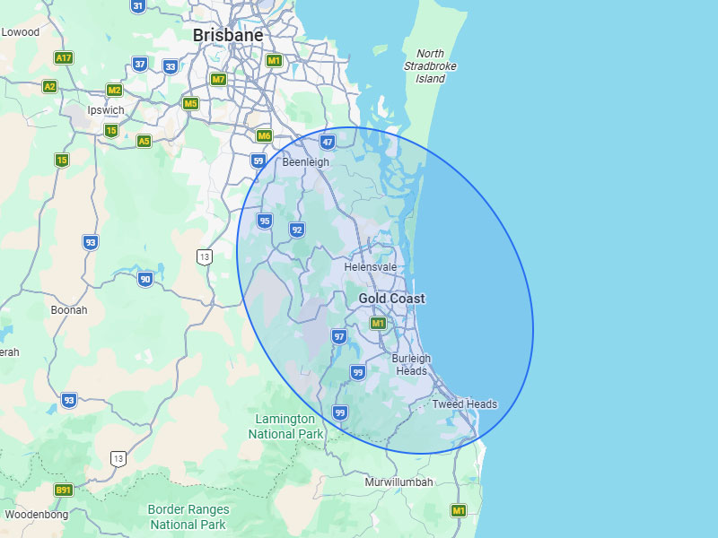 Map highlighting Deep Blue's Gold Coast service area