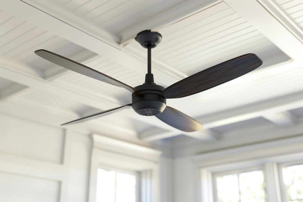 Four-blade ceiling fan installed in a modern residential room