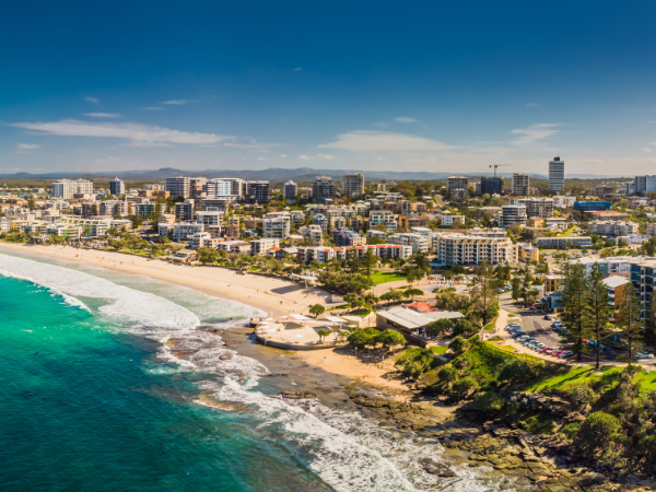 Beautiful aerial view of the city at the coastline in Caloundra