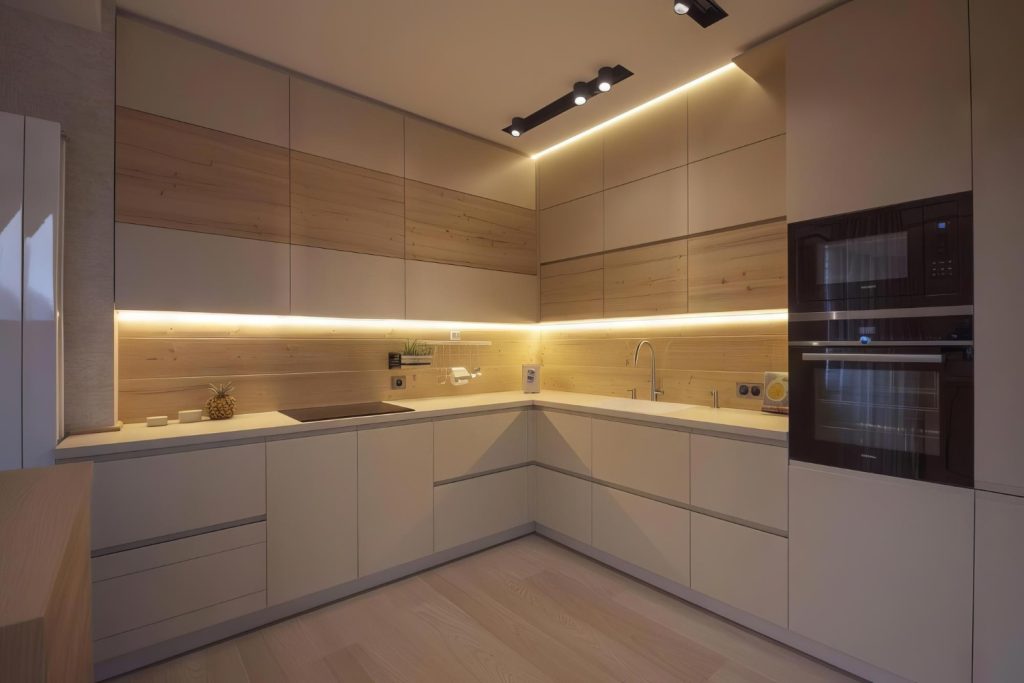 Designer kitchen with pendant lights and LED strip lighting under cabinetry