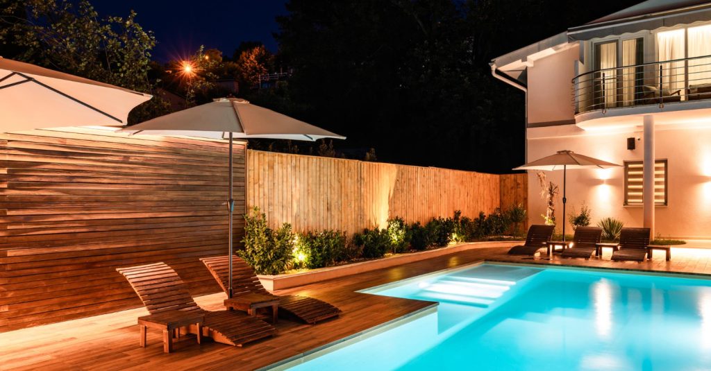 Weatherproof LED lighting installed on a patio area