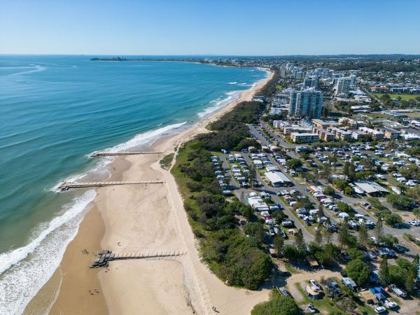 Beautiful aerial view of the city at the coastline in Maroochydo